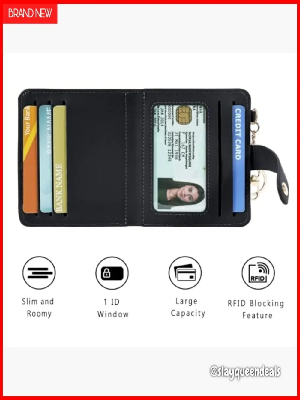 Slim RFID Blocking Leather Wallet with ID Window and Zipper Coin Pocket